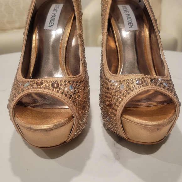 Steve Madden Cycile Rose Gold Pumps Heels Platform Rhinestone Stacked Peep Toe - Picture 5 of 11
